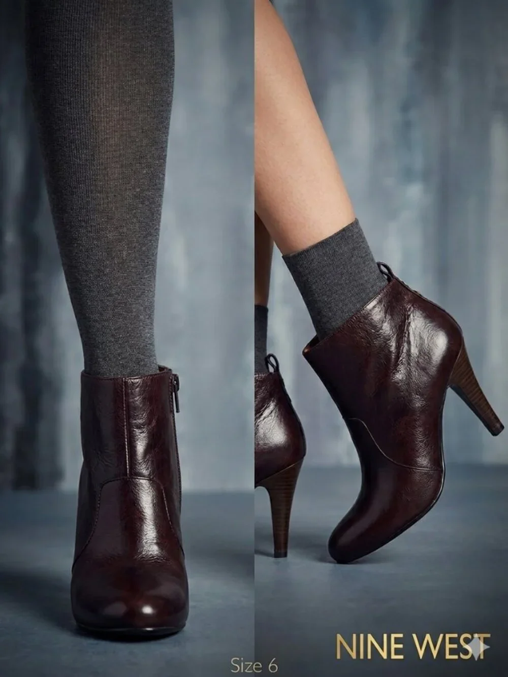 NEW Nine West Brown Leather Ankle High Heel Booties - Size 6 - Picture 1 of 8